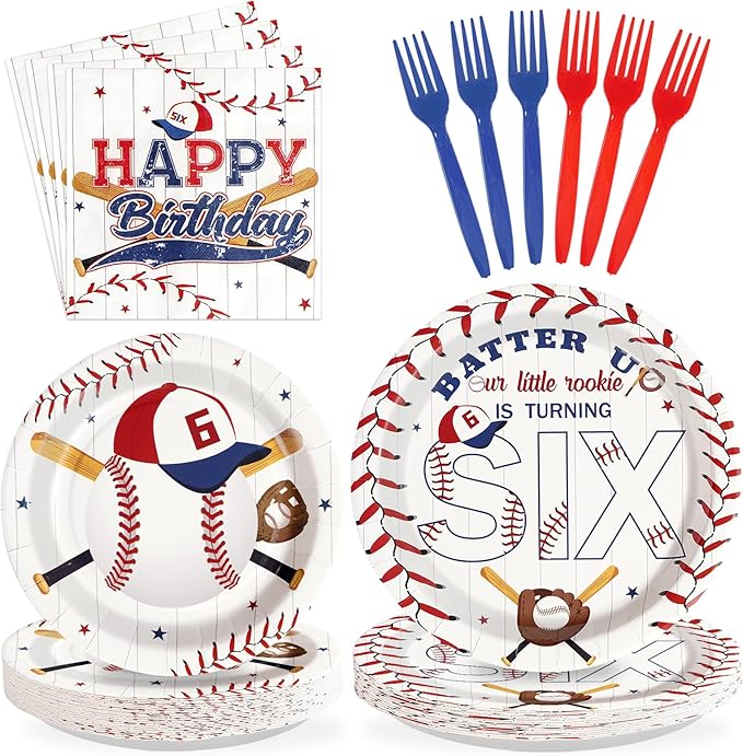 96 Pcs Baseball Birthday Decorations Disposable 6th Birthday Party Paper Plates and Napkins Baseball Sports Themed Party decorations Tableware Set for Boys Girls Kids Supplies, Serves 24