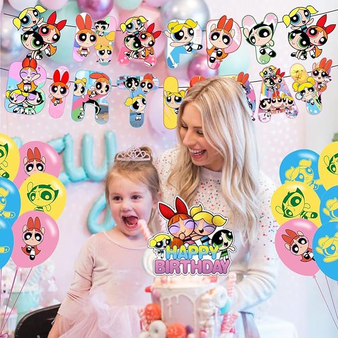 Power Girls Party Decorations,Power Girls Birthday Party Supplies Includes Banner - Cake Topper - 12 Cupcake Toppers - 18 Balloons