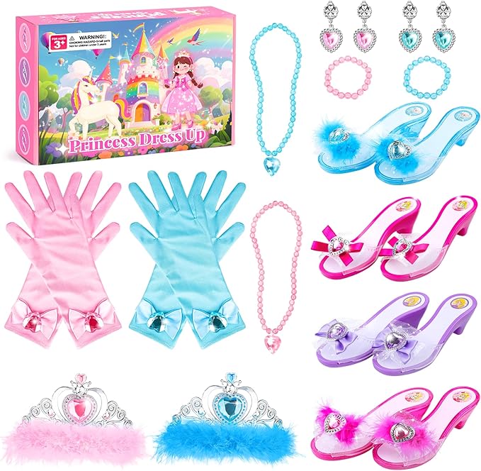 DISHIO Girls Princess Dress Up Shoes and Jewelry Boutique Upgraded Princess Shoes and Accessories with 4 Pair of Princess Play Shoes and Jewelry Set for Toddlers Little Girls Aged 3 4 5 6