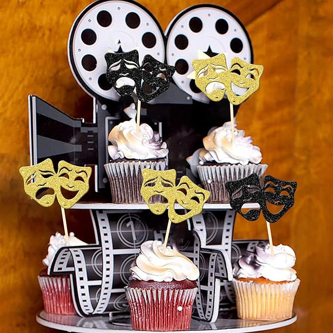 24 PCS Theatrical Mask Cupcake Toppers Glitter Comedy Movie Night Cupcake Picks for Film Festival Theme Birthday Party Cake Decorations Supplies Black Gold