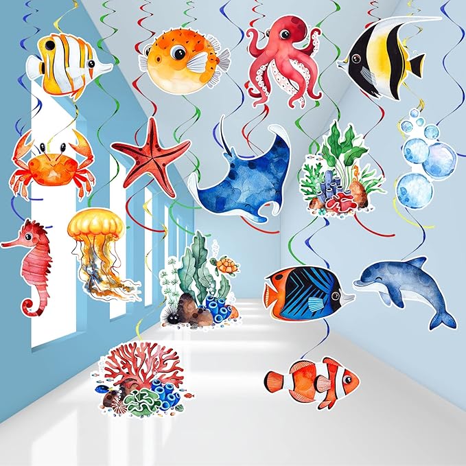 36Pcs Sea Animals Tropical Fish Hanging Swirl Under The Sea Party Birthday Decor Ocean Themed Party Swirls Streamers Supplies for Boys Girls Kids Mermaid Creatures Baby Shower Decorations