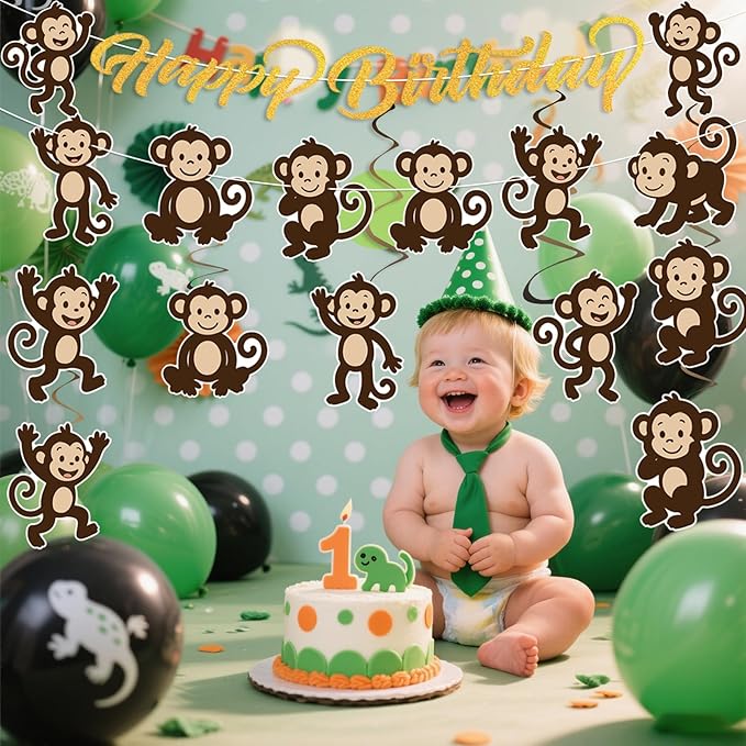 Monkey Birthday Party Decorations Jungle Theme Party Supplies Monkey Happy Birthday Banner Sign Monkey Hanging Cutouts Swirls for Boys Girls Safari Wild Animals Party Baby Shower Favors Decor