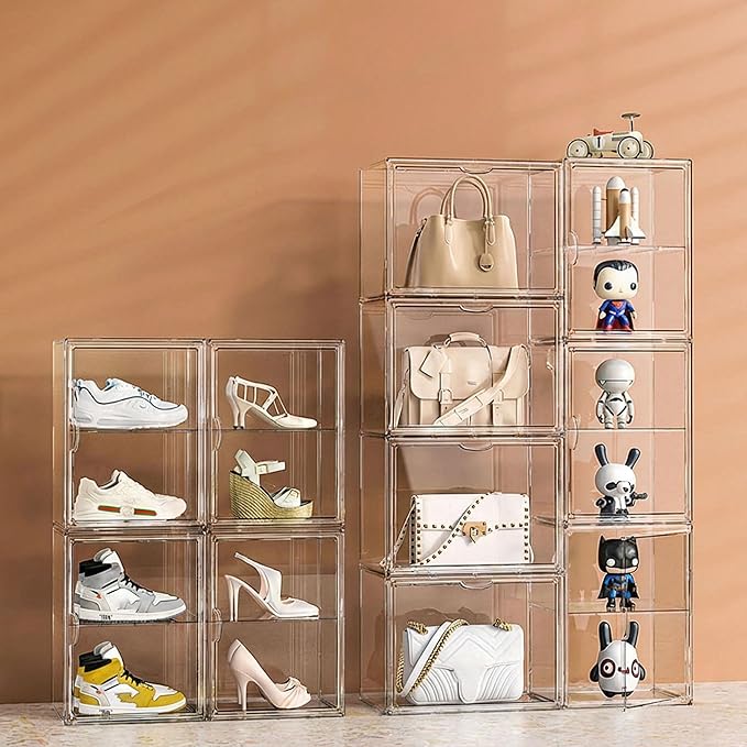 Clear Acrylic Display Case for Figures, 4 Layer Adjustable Acrylic Boxes for Display, Stackable Display Boxes for Collectibles, Action Figure Display Case for Shoe, Bread, Cosmetic, Handbag, 2 Pack