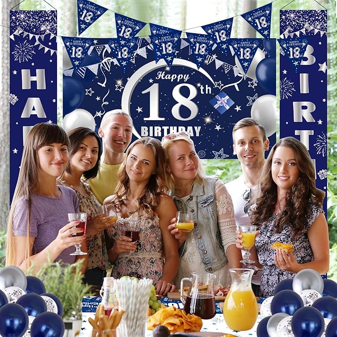 18th Birthday Decorations for Boys and Girls Blue, Happy 18th Birthday Door Backdrop Banner Balloons 18 Years Old Birthday Porch Sign Party Supplies with Latex Balloons Decor 18th Bday Boy Her Him