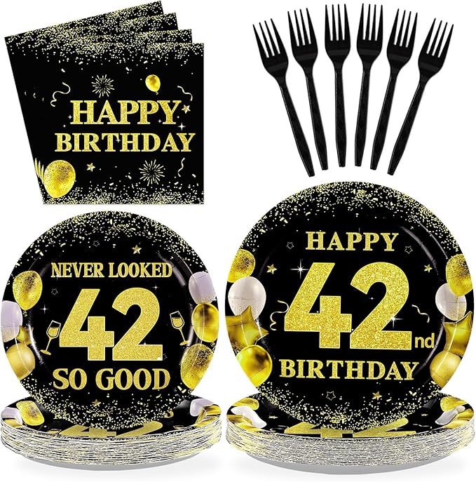 96Pcs 42nd Birthday Party Decorations 42 Never Looked So Good Gold Paper Plates and Napkins Tableware Set Black Gold 1983 Theme Decor for Men Women Cheers to 42 Years Old Party Supplies Serves 24