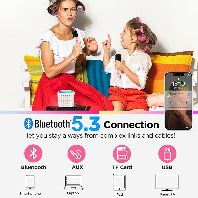Mini Karaoke Machine with 2 Wireless Microphones for 5+ Years Old Kids, Rechargeable Portable Bluetooth Karaoke Singing Speaker with Voice Changing, RGB Light, for Birthday, Family, Home Party Gift