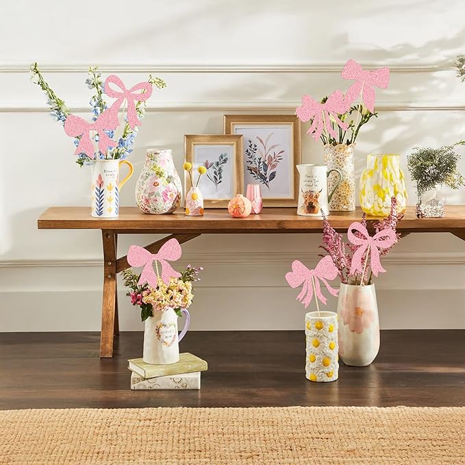 Gyufise 12Pcs Bow Centerpiece Sticks Birthday Bowknot Ribbons Coquette Table Flower Centerpieces Sticks Bow High Footed Party Decorations for Bridal Shower Birthday Wedding Party Supplies Pink