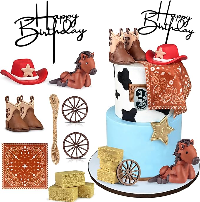 Cowboy Cake Decorations Hat and Boot Horse Cake Toppers for Western Theme Cowboy Cowgirl Birthday Baby Shower Party Favors Supplies