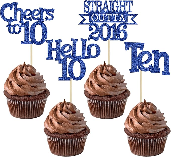 Ephlyn 24Pcs Happy 10th Birthday Cupcake Toppers Glitter Ten Cupcake Picks Hello 10 Cheers to 10 Years Cake Decorations for 10th Birthday Anniversary Party Decorations Supplies Blue