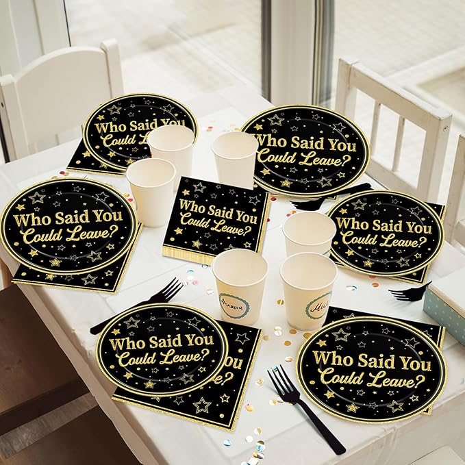 96Pcs Who Said You Could Leave Paper Plates and Napkins for Farewell Party Decor Retirement Disposable Plate Black and Gold Leaving Tableware Set for Goodbye Going Away Birthday Gatherings Decorations