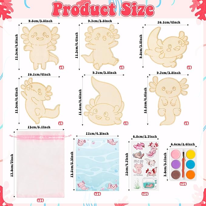 BeYumi Axolotl Party Favors Set - 24Pcs Axolotl Birthday Party Supplies Tattoo Stickers and Watercolor Paint Craft Kit Birthday School Classroom Goodie Bags Stuffers Prize Gifts for Kids Girls Toddler