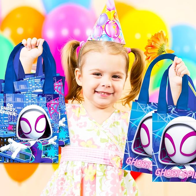 Marvel Ghost Spider Party Favor Bags Set – 24 Pack 8" Spiderverse Goodie Bags for Girls Bulk Reusable Mini Totes | Spidey and Friends Ghost Gwen Birthday Party Supplies