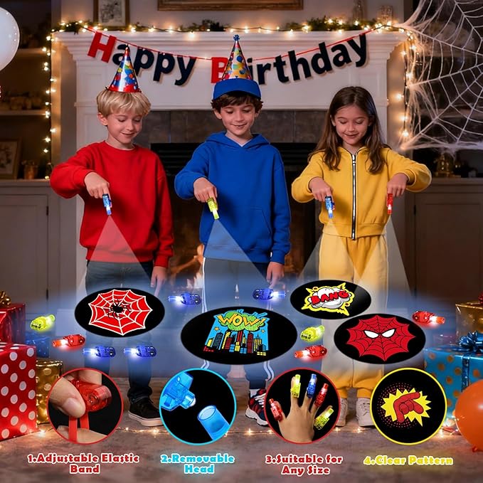 36 Pcs Spider Themed Party Favors LED Finger Lights for Kids, Superhero Glow in the Dark Party Supplies, Goodie Bag Stuffers Classroom Treasure Box Prizes for Boys Girls