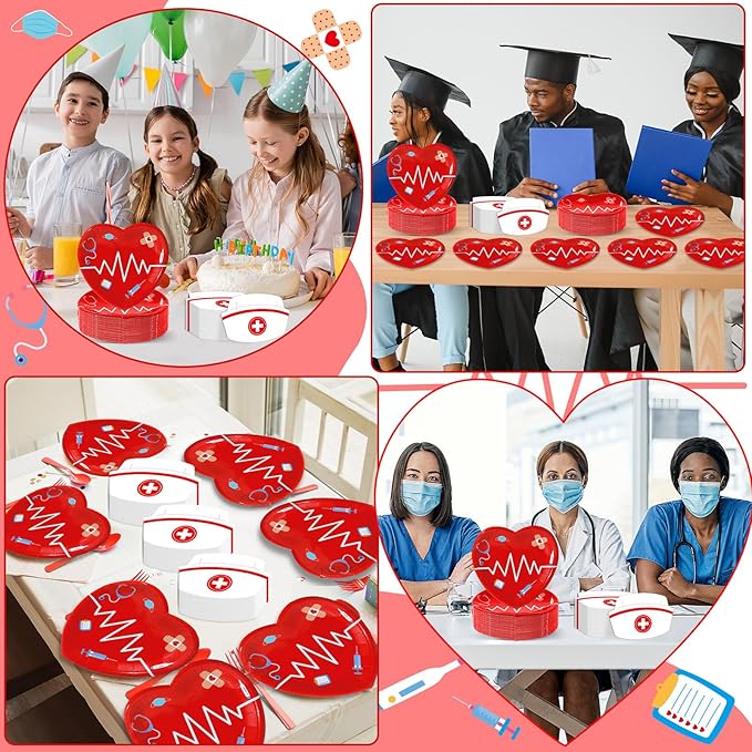 100Pcs Nurse Graduation Paper Plates Napkins Set RN Graduate Party Decorations for Nurses Week Day Doctor Medical School Party Supplies Red Heart Nursing Birthday Disposable Tableware