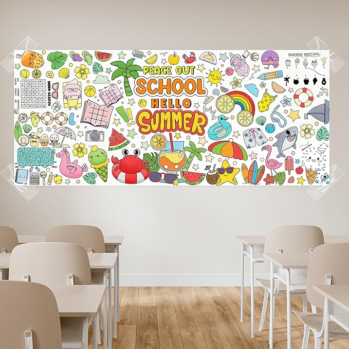 Jumbo End of School Year Coloring Activity Poster - Summer Fun Games DIY Drawing Color-in Paper 55.1 x 23.6 Inch Blank Doodle Art Banner, Home School Educational Event Party Supplies