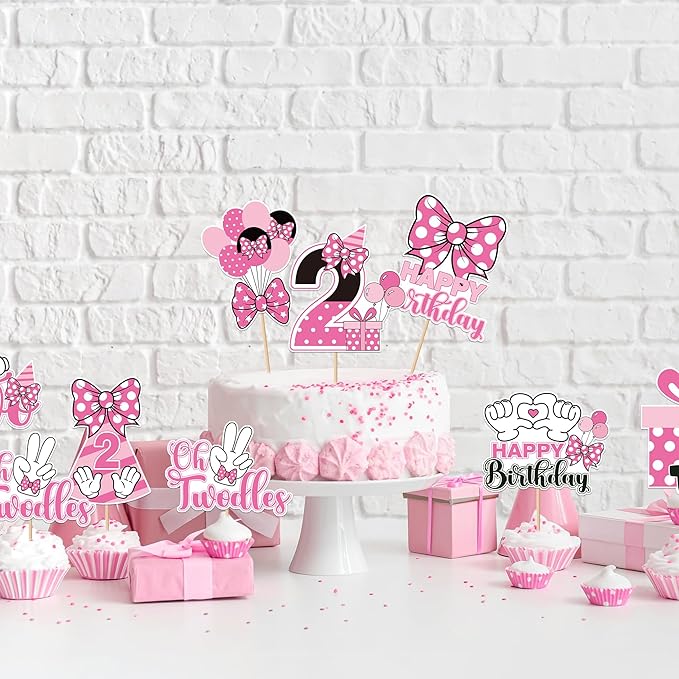 Oh Twodles Cupcake Toppers - 24 Pcs Pink and White Cartoon Mouse Bow Dots Cake Cupcakes Dessert Topper Decor Set 2nd Birthday Party Decorations Supplies Favors for Two Years Old Kids Girls
