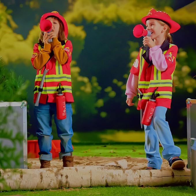 Klein: PRO Firefighter Costume - Red & Yellow - 5pc Set, Dress Up Outfit & Toy Accessories, Megaphone-Crowbar-Badge-Helmet, Pretend Play, Kids Ages 3+