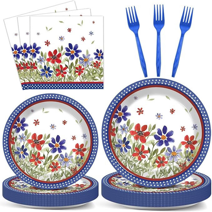 96Pcs American 4th of July Independence Party Plates and Napkins Patriotic Party Decorations Memorial Days Dessert Plates Poppy Flower Tableware for 24 Guests Labor Veterans Days Party Supplies
