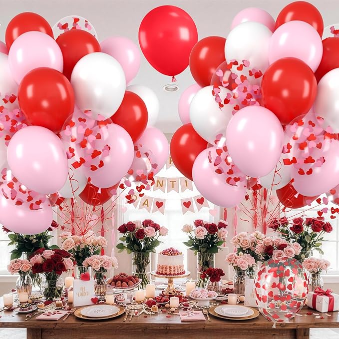 Red Pink White Balloons, Valentine's Day Balloon with Pink Heart Confetti Latex Balloons For Valentine Party Birthday Baby Shower Party Wedding Bridal Anniversary Engagement Decorations