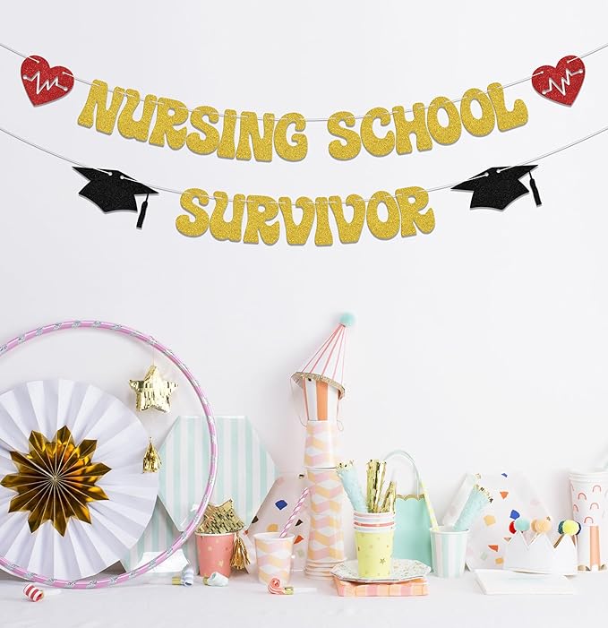 Nursing School Survivor Banner,Class of 2024 Congrats Nurse Party Decorations,Class of 2024 Nursing School Graduation Party Supplies Gold Red Black