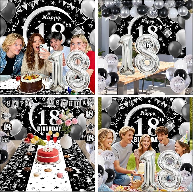 18th Birthday Decorations for Boys, Black White Happy 18th Birthday Decorations for Boy, 18 Year Old Birthday Decor with 18th Bday Banner Balloons Tablecloth Backdrop, 18 Years Party Supplies for Boys