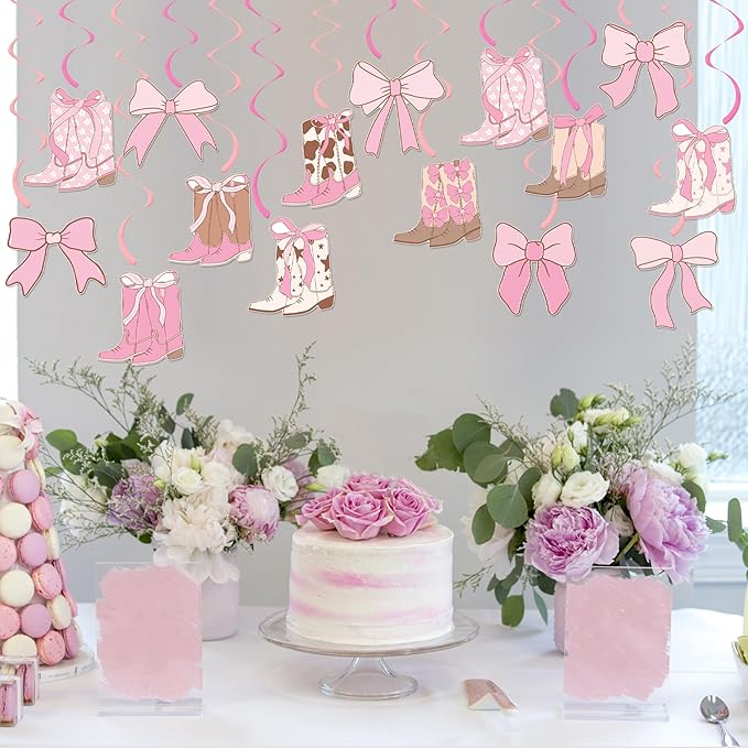 Cowgirl Coquette Hanging Swirls 20PCS Boots and Bows Hanging Decorations Pink Western Cowgirls Party Decorations Cowgirl Boots Hanging Streamers for Coquette Birthday Party Supplies