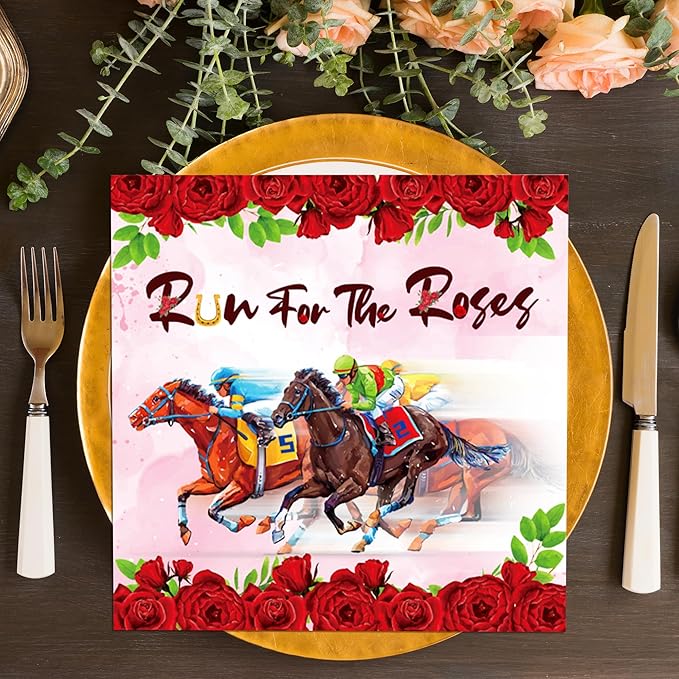 40Pcs Horse Racing Paper Napkins Run for the Roses Race Theme Party Supplies - Equestrian Theme Party Supplies for Racing Birthday, Derby Decorations, 6.5 Inch Disposable