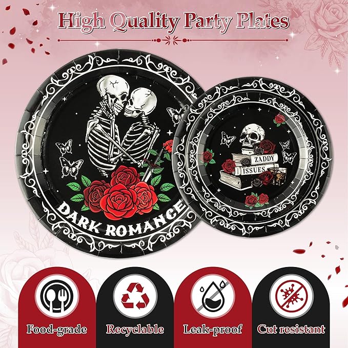 96Pcs Dark Romance Book Lover Skull Rose Black Gothic Party Plates Supplies Tableware Decorations Disposable Paper Plates Napkins Forks for Birthday, Serves 24