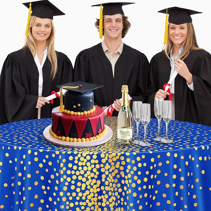 VitalCozy Round Dot Tablecloth 84 Inch Plastic Table Cover Polka Dot Confetti Tablecloths for Easter 2026 Graduation Prom Wedding Birthday Spring Party Supplies(Blue and Gold,3 Pcs)