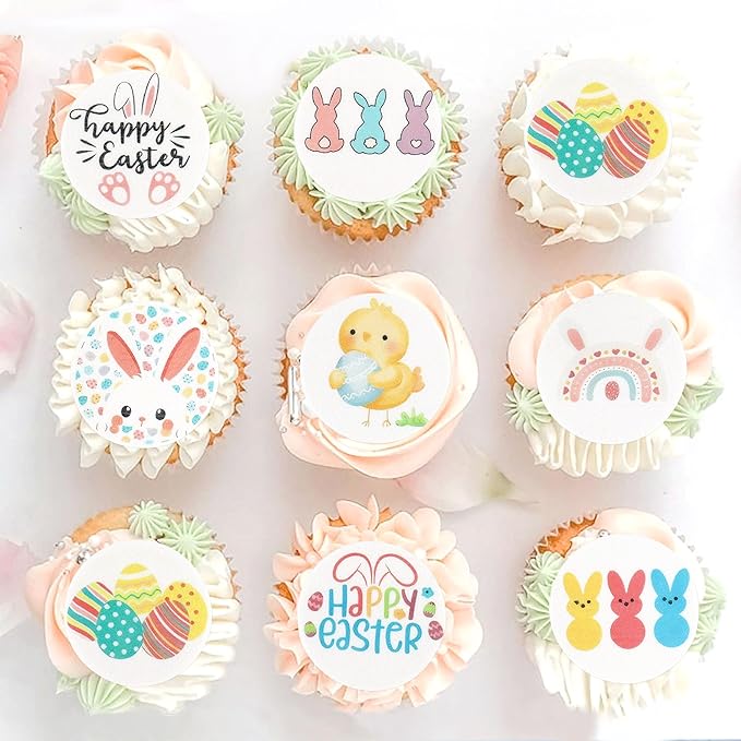 Ercadio 40pcs Edible Happy Easter Cupcake Topper Round Edible Easter Bunny Rabbit Ears Eggs Cupcake Picks For Easter Sunday Birthday Spring Baby Shower Party Cake Decorations Supplies