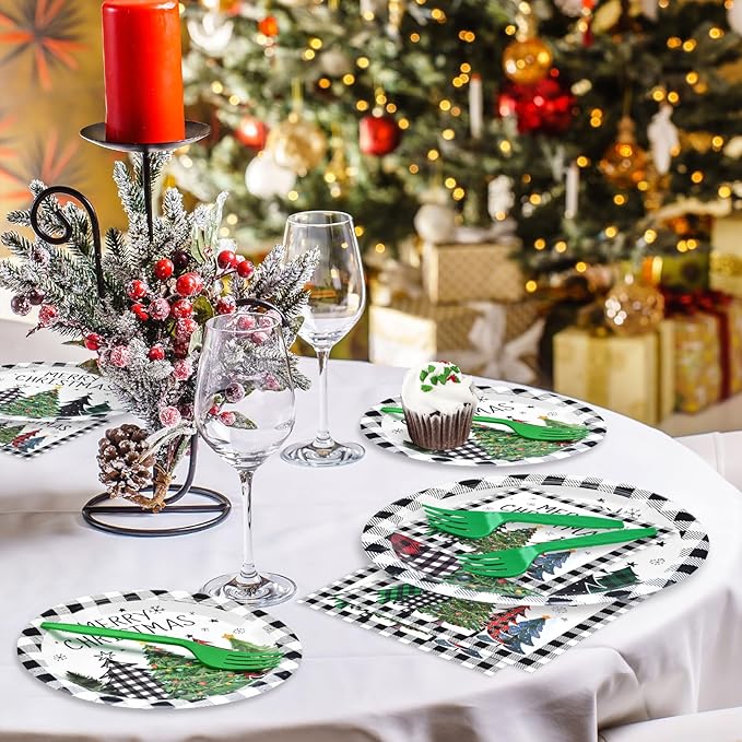 96 Pieces Christmas Tree Tableware Party Supplies – Black and White Buffalo Plaid Disposable Dinnerware with Paper Plates, Napkins, and Plastic Forks for Rustic Winter Celebration – Serves 24