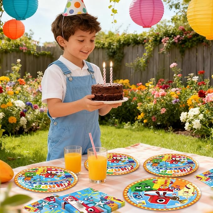Number Blocks Party Supplies 41Pack include 20 plates, 20 napkins 1 tablecloth for birthday party Decoration (Block)