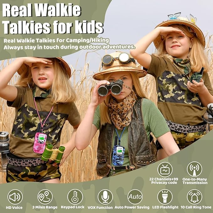 Vvinca Walkie Talkies for Kids Rechargeable 4 Pack, 3 Mile Walkie Talkie Long Range, Christmas Birthday Gift for Age 3-12 Boy Girl with Flashlight 22CH 2 Way Radio for Adventure Camping Outdoor Hiking