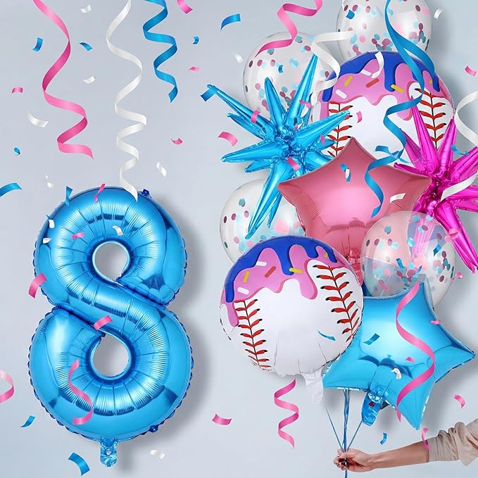 11 Pcs Ice Cream Drip Baseball Birthday Party Decorations 8th Baseball Balloons Birthday Decoration Sports Theme Party Supplies 32 Inch Foil Number 8 Balloon for Summer Ice Cream Camping Baby Shower