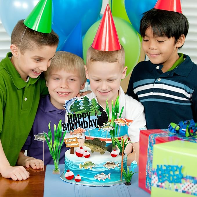 Hooqict 22Pcs Fishing Cake Decorations Set with Mini Bass Happy Birthday Cake Toppers & Fish Cupcake Toppers for Fisherman Gone Fishing Birthday Party Decorations Retirement Party Supplies Fathers Day