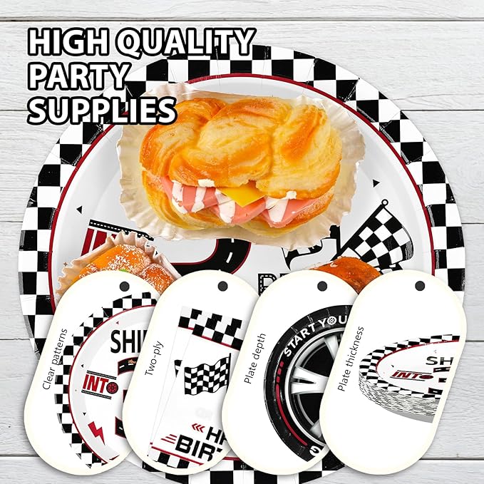 96Pcs Shifting into 3rd Year Birthday Decorations Disposable Race Car Themed 3rd Party Plates and Napkins Checkered Flag Tableware Set for Boys Racing Car 3 Years Old Birthday Party Supplies Serves 24