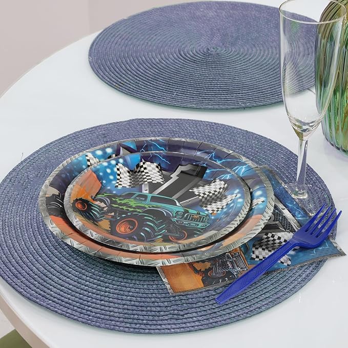96Pcs Monster Truck Plates Party Supplies,Monster Jam Paper Plates and Napkins and Forks for 24 Guests Picnic Kids Birthday Party Decorations