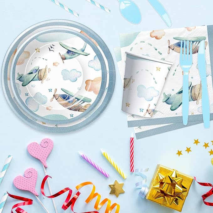 Airplane Birthday Party Supplies - Airplane Decorations Tableware, Paper Plate, Cup, Napkin, Fork, Baby Shower Dinnerware | Serve 24