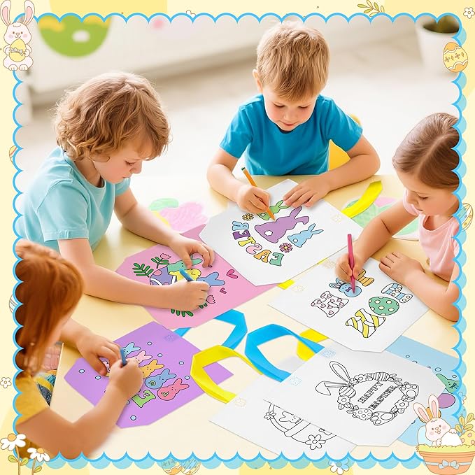 Easter Coloring Goodie Bags for Kids - 24Pcs Bunny Bulk Color Your Own Gift Bags with Handle Colorful Rabbit Reusable Non Woven Coloring Tote Packet for Spring Easter Holiday Party DIY Painting Favors