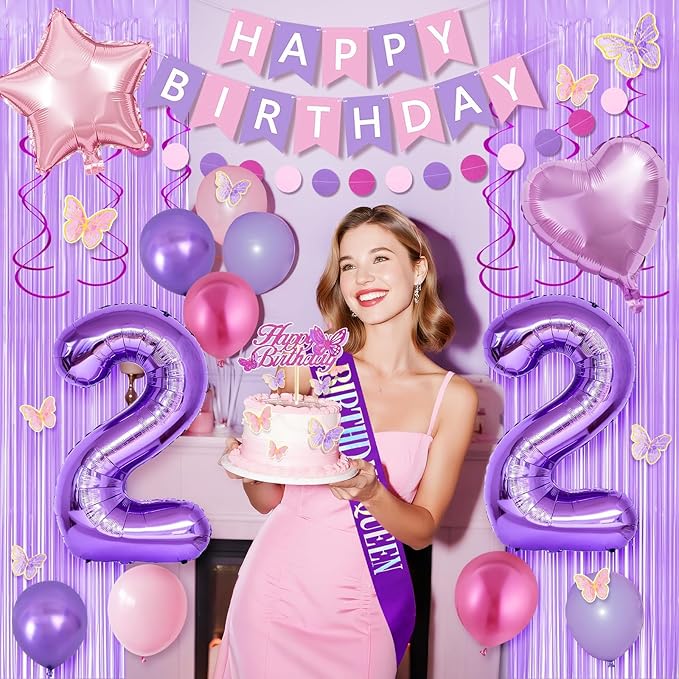 22nd Purple Birthday Decorations for Women, Pink and Purple Happy 22 Birthday Party Decorations with Happy Birthday Banner, Number Foil Balloons, Butterfly Cake Topper for 22nd Party Supplies