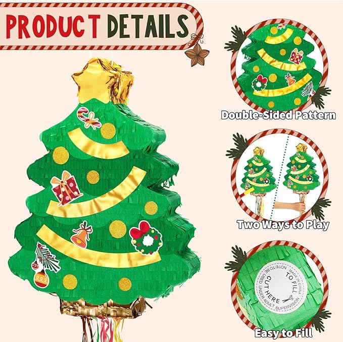 WERNNSAI Christmas Tree Piñata - Christmas Decorations XmasTree Party Game for Kids Festival Party Decor Supply Green Tree Design Merry Xmas Favor Pull String with Blindfold Bat 16.5” x 12.4”