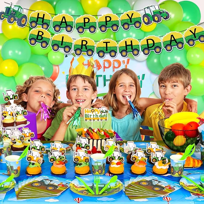 Farm Green Tractor Birthday Party Supplies, Tractor Birthday Decorations with Tractors Balloons, Backdrop, Tablecloth, Banner, Cake Toppers, John Deere Party Supplies Plates Napkins