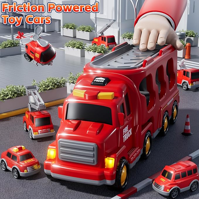 Fire Truck Toys for Toddler 1-3 3-5, Transport Car with Light Sound, 7-in-1 Fire Car Carrier Vehicle Set for Girls 1 2 3 4 5 6 Years Old, Birthdays Gifts for Kids Girls Aged 3-9