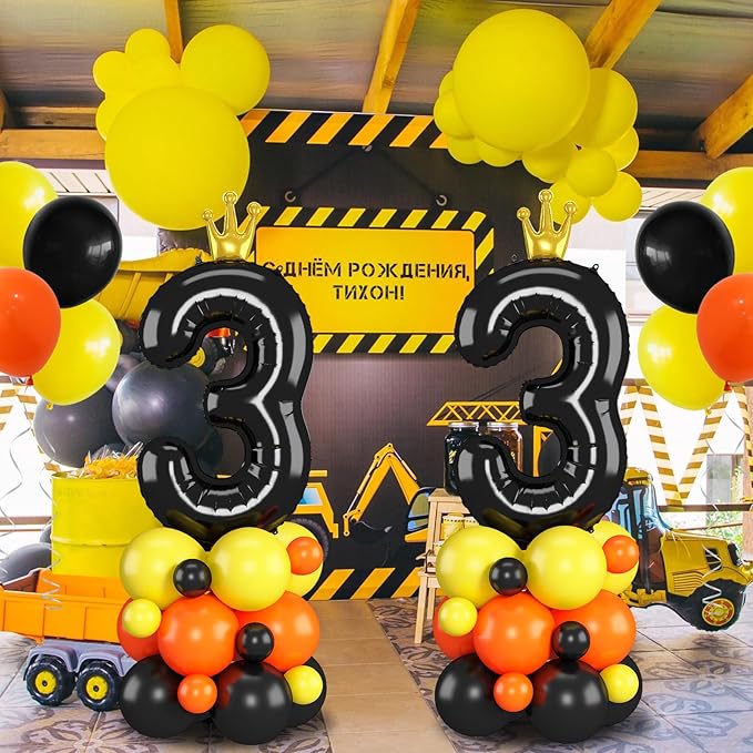 Black Number 3 Balloon 40 Inch Construction Number Three Foil Balloons Tower with Excavator Digger Truck for Boys Third 3rd Birthday Party Decorations Giant Large Digital Aluminum Balloons Stack