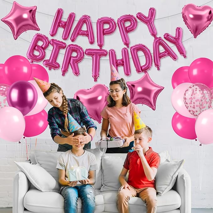29PC Hot Pink Happy Birthday Balloon Banner, 16 Inch 3D Letter Banner Sign, Pink Hot Pink Metallic Balloons 18 Inch Star Heart Foil Balloons for Women, Girls Party Decorations