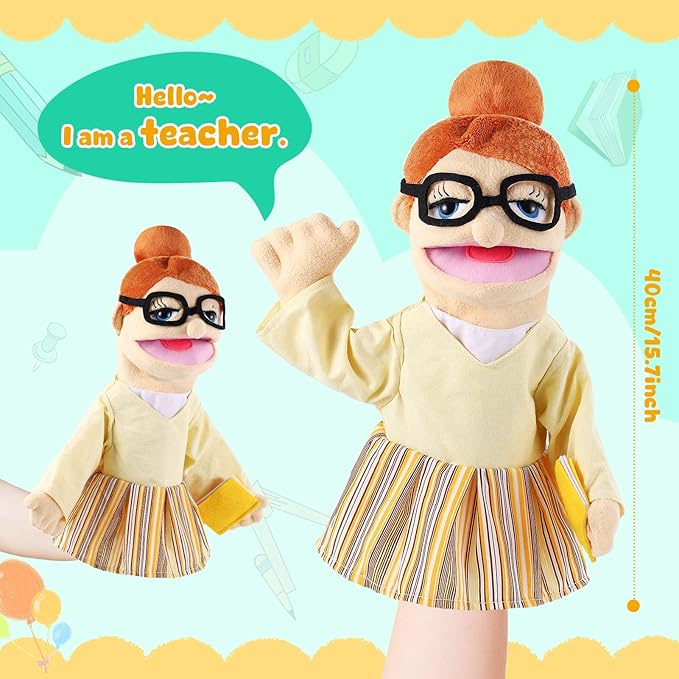 Role Play Hand Puppets Hand Plush Chef Doctor Fireman Pirate Detective Athlete Nurse Worker Hand Puppet Toys Puppets for Kids Storytelling Imaginative Pretend Play Teaching Preschool(Teacher)