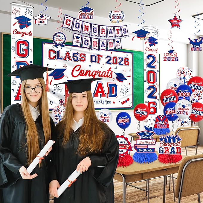 Graduation Decorations Class of 2026 White Blue and Red Graduation Party Decor Set include Congrats Grad Banner Backdrop Class of 2026 Balloons Party Supplies