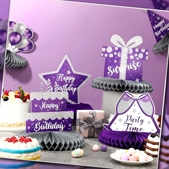 Yexiya 8 Pcs Purple and Silver Birthday Centerpiece Table Decoration, Happy Birthday Honeycomb Centerpieces Honeycomb Table Toppers for Men Women Party Supplies