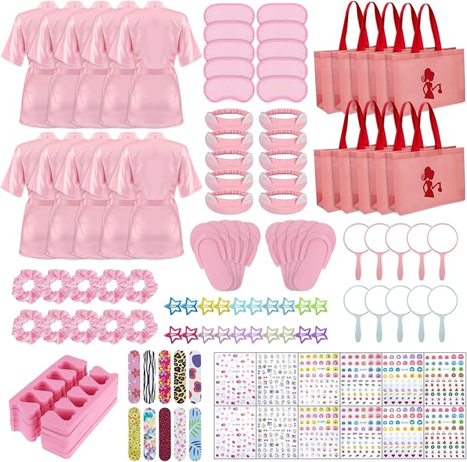 122 Pcs Pink Girls Spa Party Kit, 10-Pack Slumber Party Favors with Satin Robes, Tote Bags, and Nail Salon Accessories for Kids Spa Birthday, Halloween, Home Party Supplies
