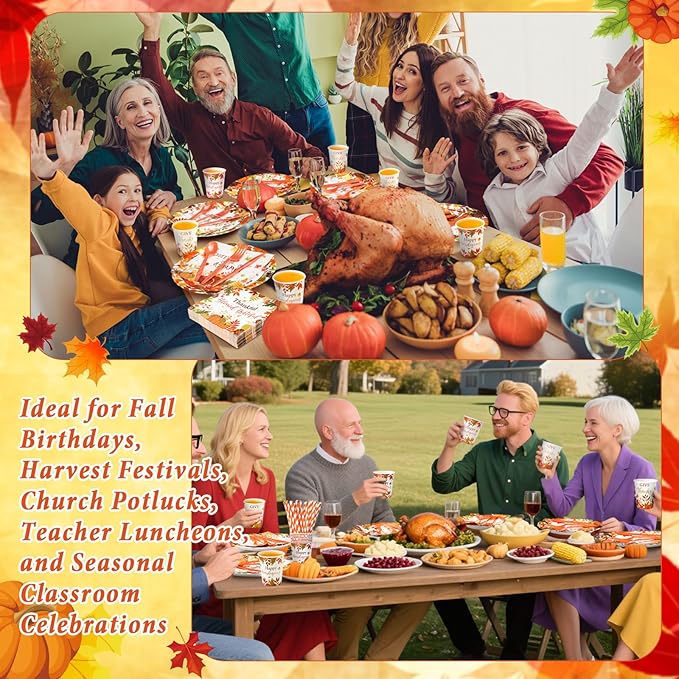 450 Pcs Happy Friendsgiving Tableware Set Decorations, Fall Thanksgiving Pattern Paper Plates Napkins Cups Cutlery Straws for Autumn Harvest Friendsgiving Dinner Party Supplies, Serves 50